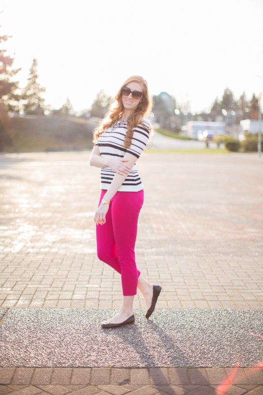 Pink J.Crew minnie pant black and white striped top